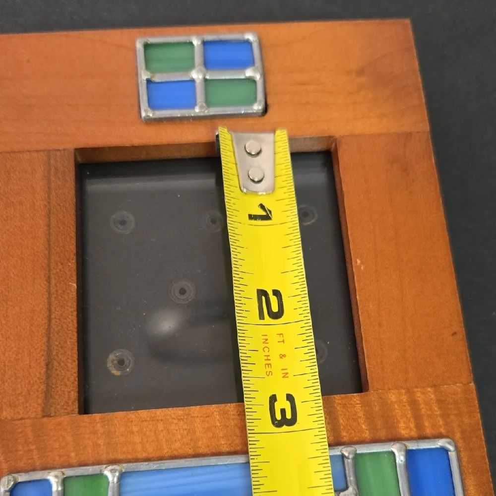 Wooden Photo Frame with Blue and Green Stained Glass Inset Accents